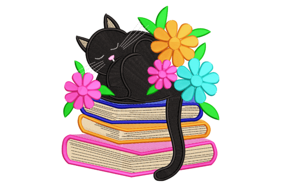 Cat with Books Embroidery Design