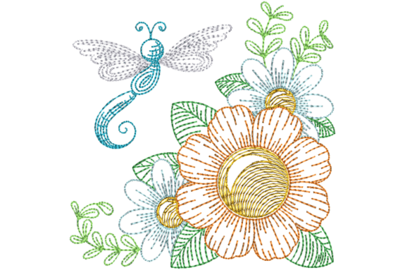 Dragonfly and Daisies Embroidery Design